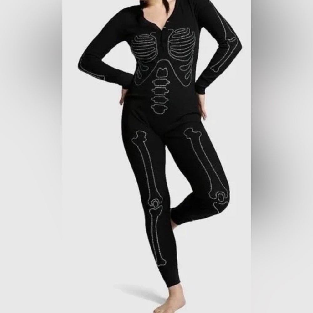 New Victorias Secret PINK Pajamas One Piece small Black Skeleton Bling Halloween